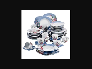 VEWEET HANNAH 60-Piece White Ceramic Dinner Combi-Set of Porcelain Dinner Plate Set,Cups and Saucers Dinnerware Cutlery Set