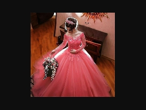  Ball Gown Quinceanera Dress Debutante Gowns Sheer Long Sleeve Watermelon Prom Sweet 16 Gowns Tulle robe de bal Birthday Party