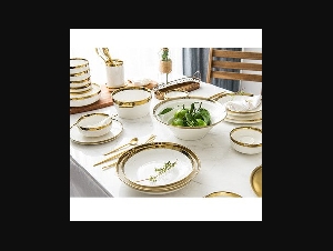  Gold Inlay Solid White Ceramic Plates Food Dishes Dinnerware set white gold dinner plate