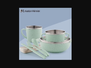  Portable 304 Stainless Steel Tableware Set With Eco-Friendly Wheat Straw Kitchen Dinnerware Set For Kids Cutlery Dinner Set