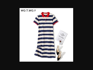  WOTWOY Summer Striped Plus Size Polo Dress Women Knited Cotton Long T-shirt Dresses Women Casual Short-sleeved Vestidos De 3XL